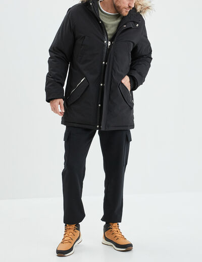 Parka à capuche fausse fourrure amovible noir homme