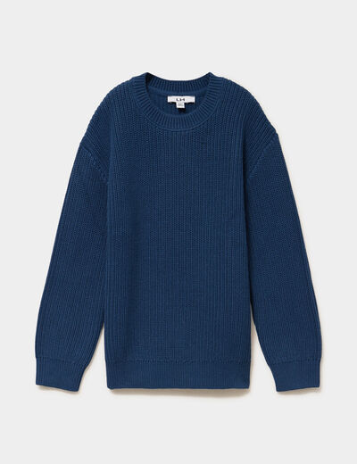 Pull col rond manches longues coton bleu fonc&eacute; gar&ccedil;on
