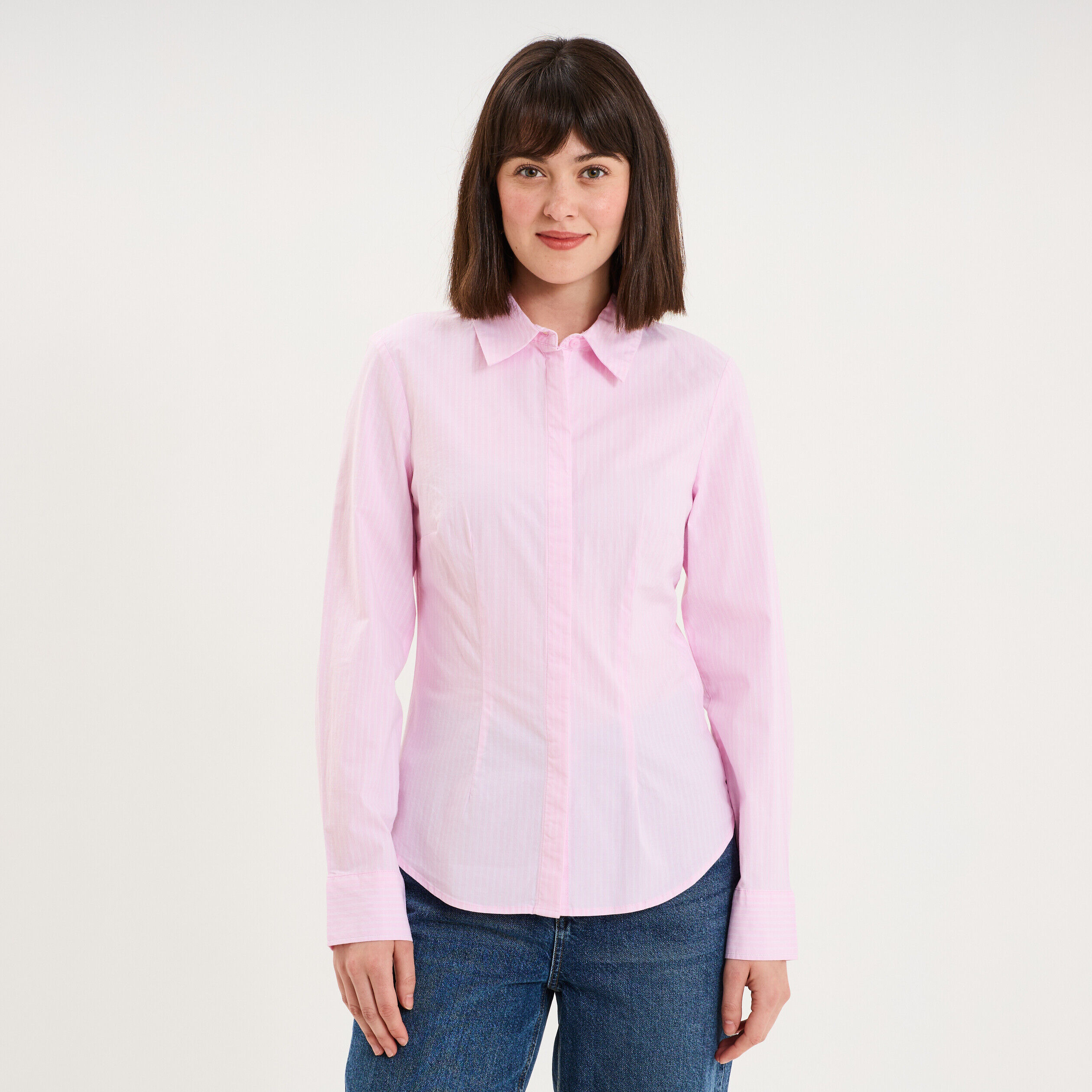 Chemise cintrée stretch manches longues rose femme LH