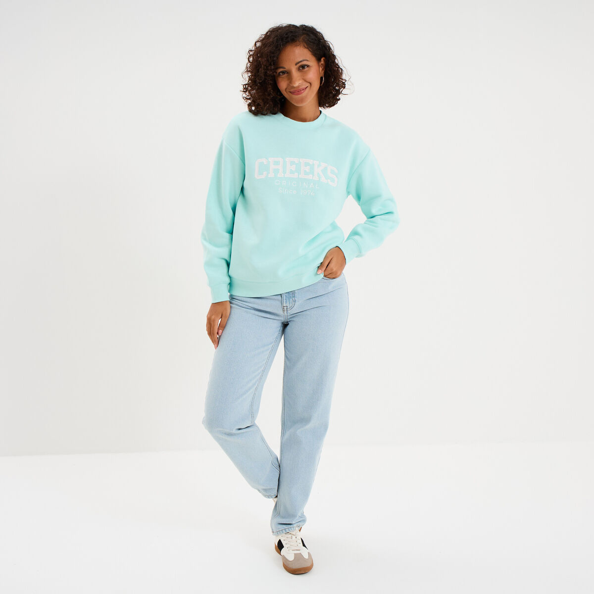 Sweat molleton col rond manches longues bleu turquoise femme