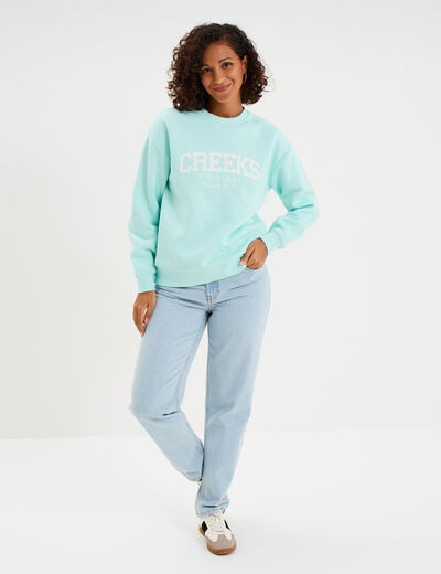 Sweat molleton col rond manches longues bleu turquoise femme