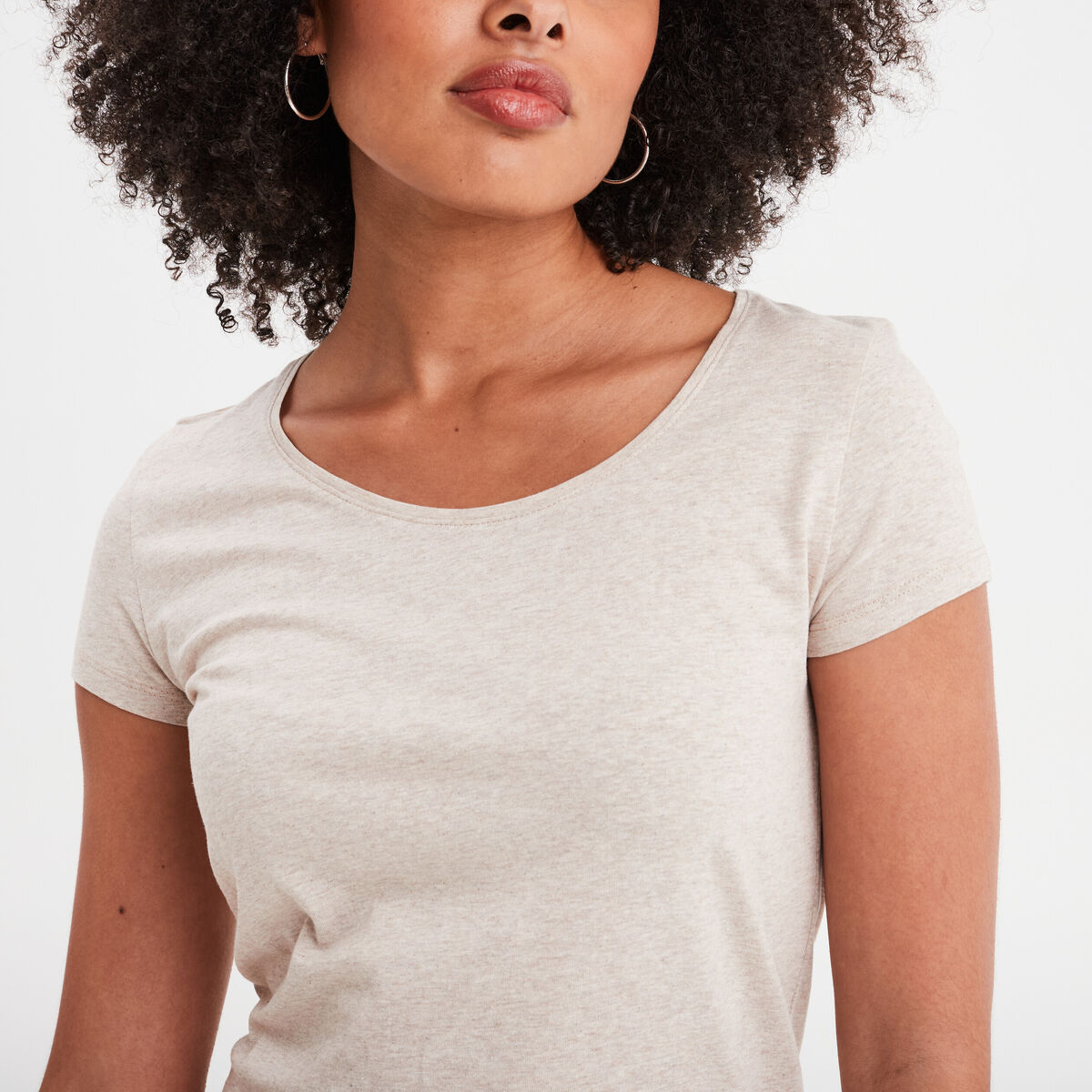 T-shirt coton col rond manches courtes beige femme