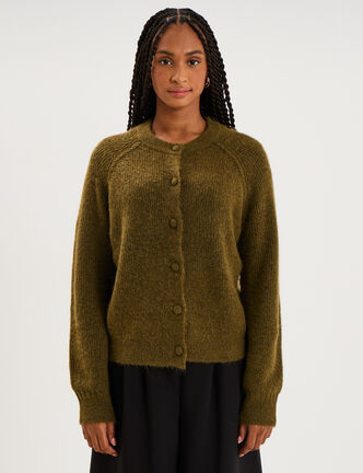 Gilet cardigan col rond boutonn&eacute; vert olive femme