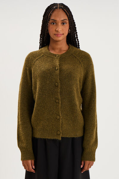 Gilet cardigan col rond boutonn&eacute; vert olive femme