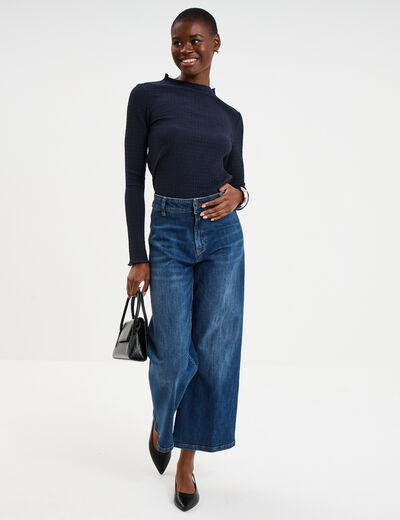 T-shirt effet gaufr&eacute; col montant bleu fonc&eacute; femme
