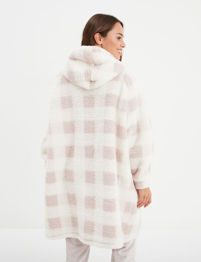 Poncho plaid effet polaire à capuche rose femme
