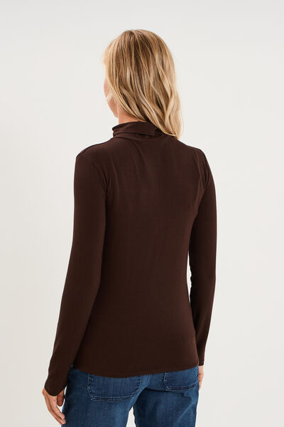 T-shirt manches longues col roul&eacute; marron fonc&eacute; femme