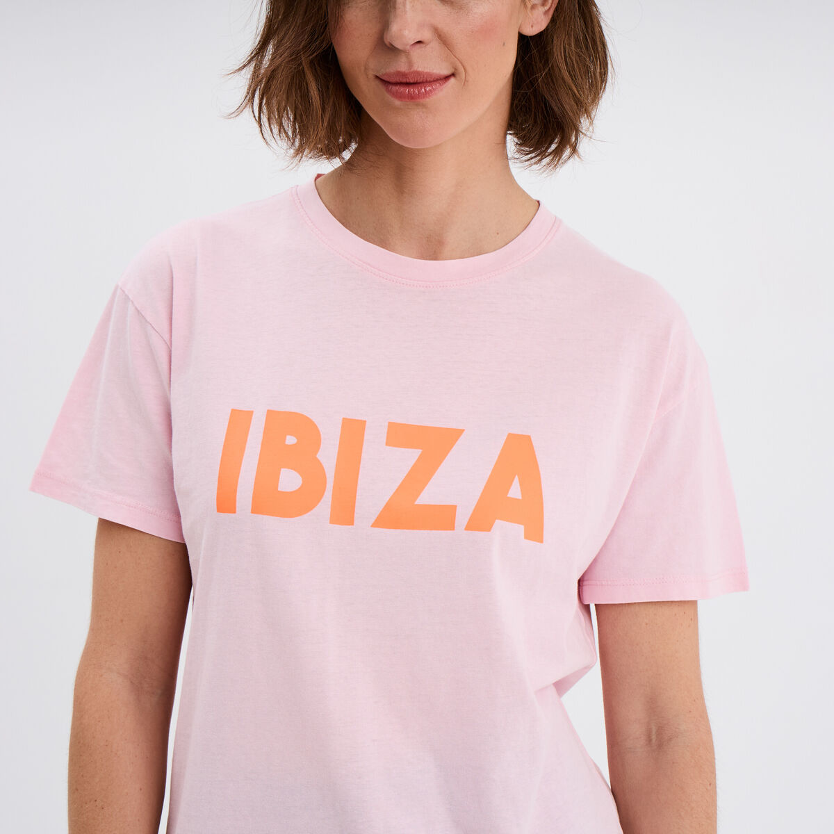 T-shirt droit manches courtes coton rose fluo femme