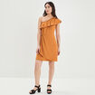 Robe droite asymétrique à volants marron cognac femme