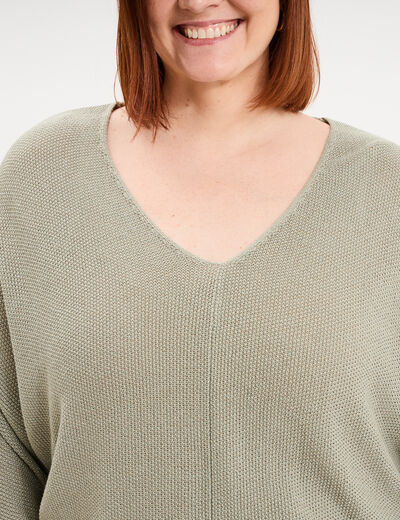 Pull manches 3/4 col en V vert kaki femme grande taille