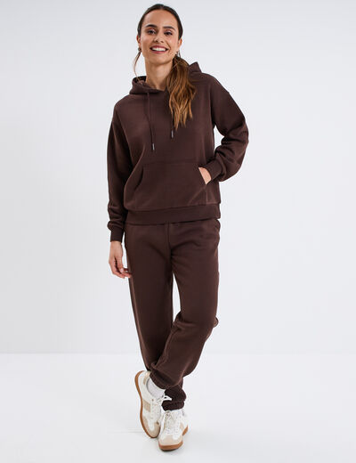 Pantalon jogging droit molleton marron foncé femme