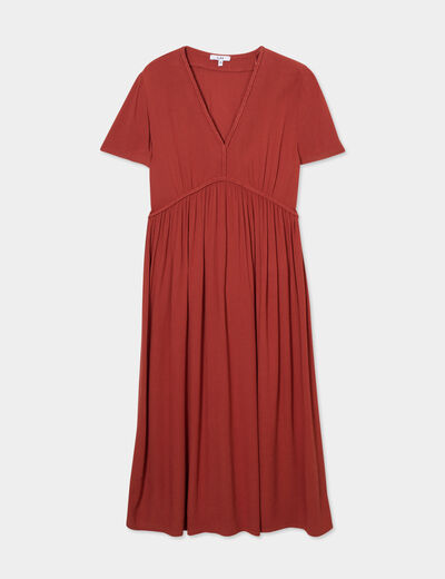 Robe midi fluide manches courtes marron cognac femme