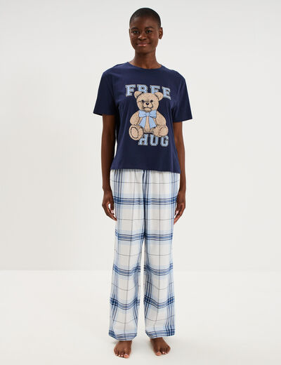 Ensemble pyjama pantalon t-shirt coton bleu femme