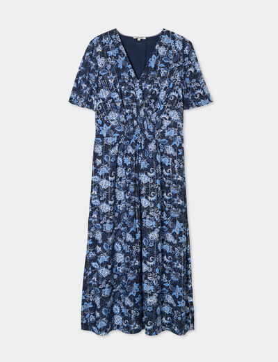 Robe longue empire taille smock&eacute;e bleu marine femme