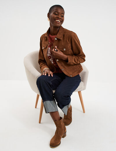Veste effet su&eacute;dine marron femme