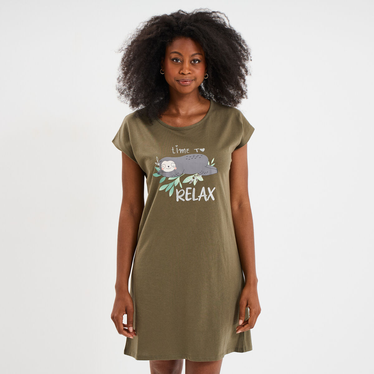 Chemise de nuit manches courtes coton vert kaki femme