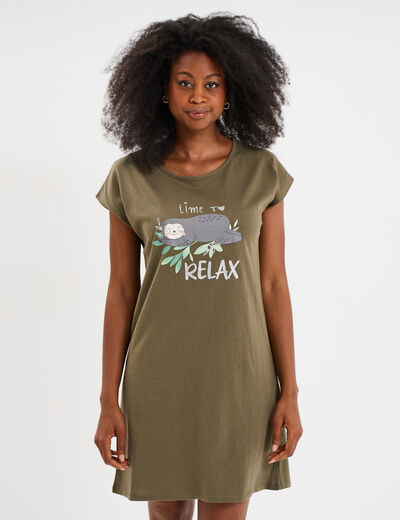 Chemise de nuit manches courtes coton vert kaki femme