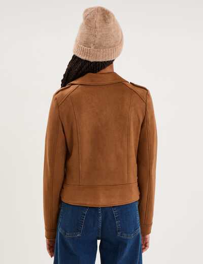 Veste biker effet su&eacute;dine camel femme