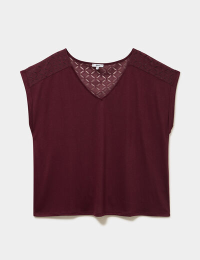 T-shirt droit avec dos dentelle oversize violet fonc&eacute; femme grande taille