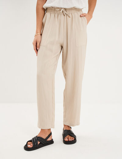 Pantalon fluide carotte &eacute;lastiqu&eacute;e beige femme