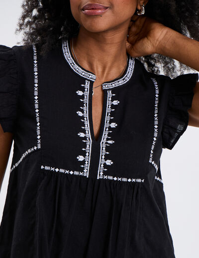 Blouse brodée à volants coton noir femme