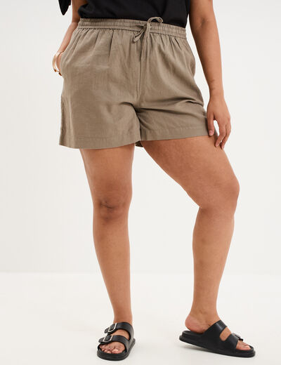 Short taille &eacute;lastiqu&eacute;e lin m&eacute;lang&eacute; vert kaki femme grande taille