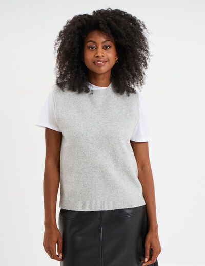Pull sans manches col rond gris clair femme