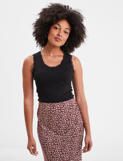 Débardeur coton bords dentelle noir femme