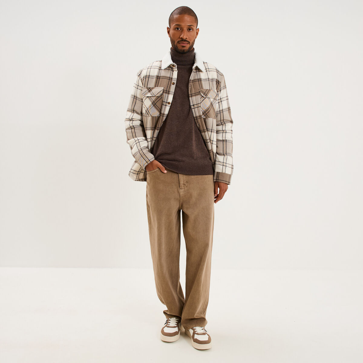 Surchemise carreaux doubl&eacute;e effet sherpa taupe homme
