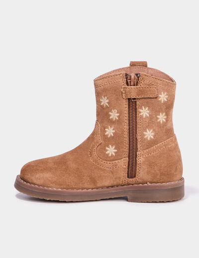 Boots brodées en cuir camel fille