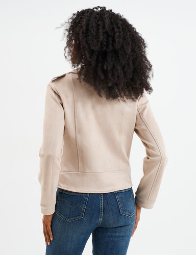Veste courte esprit biker effet suédine beige femme