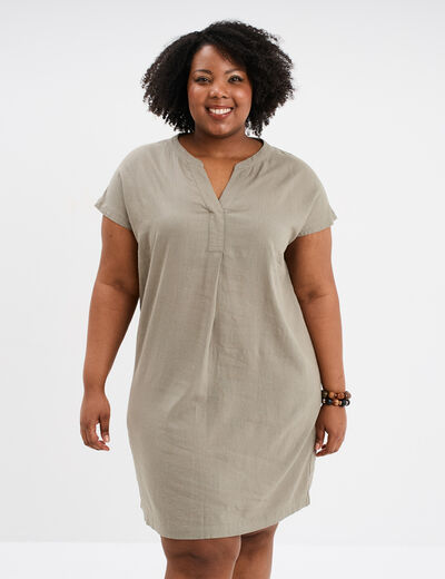 Robe droite genou col tunisien vert kaki femme grande taille