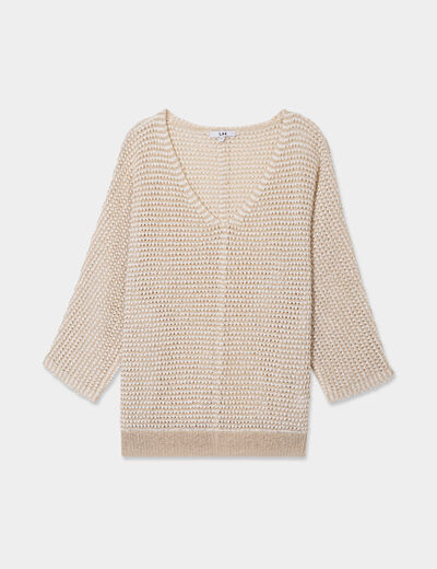 Pull ajouré effet crochet manches 3/4 beige femme