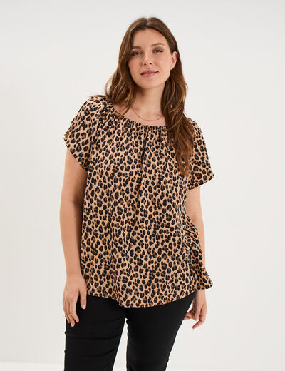 T-shirt gaufr&eacute; avec manches &agrave; noeuds beige clair femme grande taille