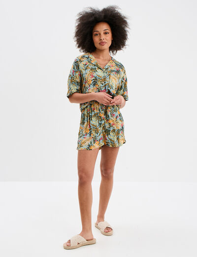 Chemise col cubain manches courtes vert émeraude femme