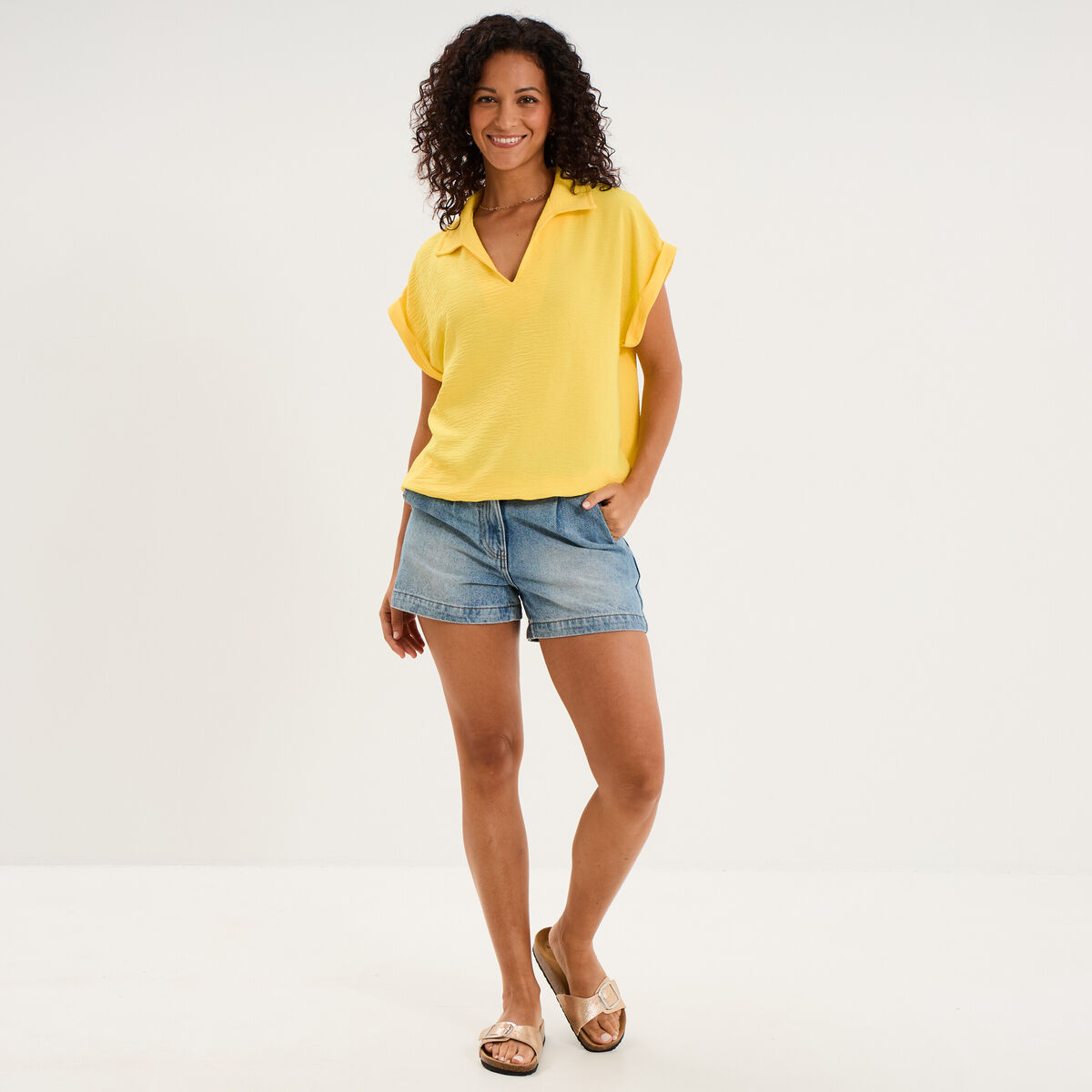 Blouse manches courtes effet boule jaune clair femme