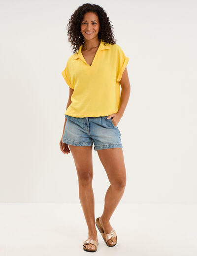 Blouse manches courtes effet boule jaune clair femme