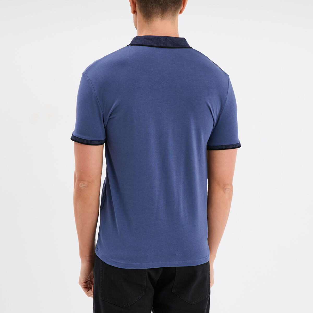 Polo coton stretch droit manches courtes bleu fonc&eacute; homme