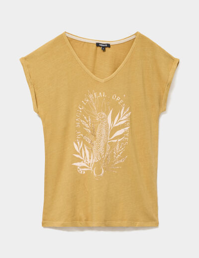 T-shirt coton col en V manches courtes beige moyen femme