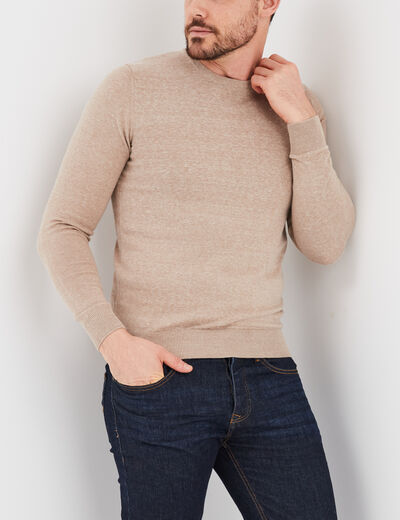 Pull droit col rond mélange coton beige homme