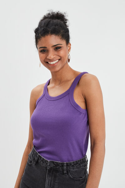 Débardeur côtelé encolure américaine violet femme