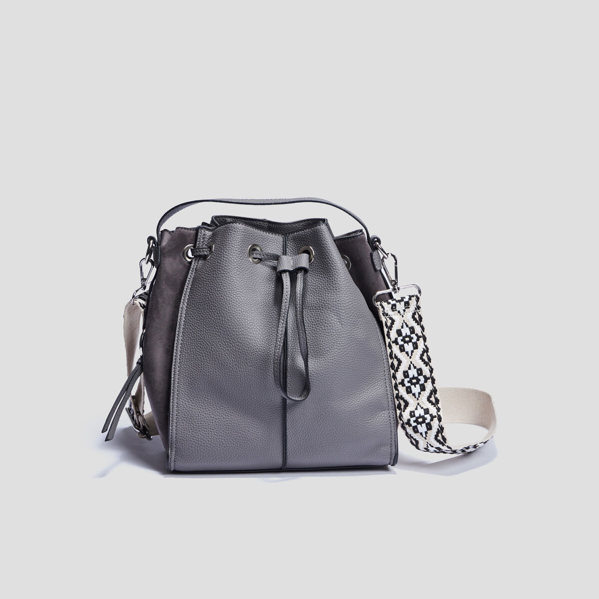 Sac seau bi-matière à bandoulière gris femme