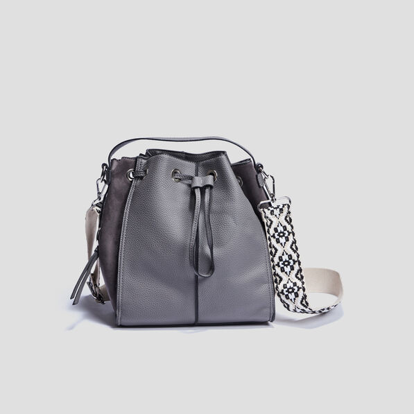 Sac seau bi-matière à bandoulière gris femme