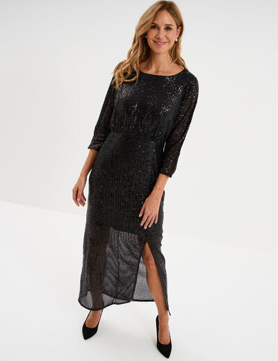 Robe longue fendue &agrave; sequins noir femme