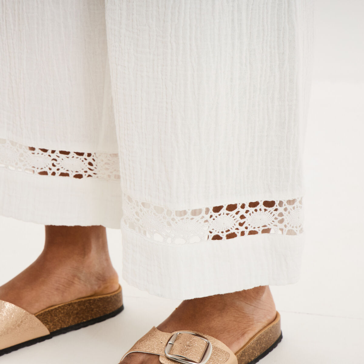Pantalon large &eacute;lastiqu&eacute;e gaze coton blanc femme