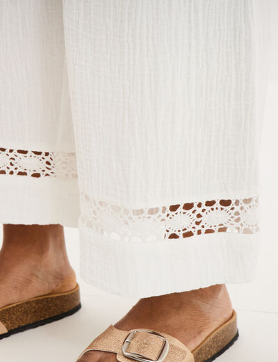 Pantalon large &eacute;lastiqu&eacute;e gaze coton blanc femme