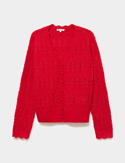 Gilet col V maille ajour&eacute;e boutonn&eacute; rouge femme