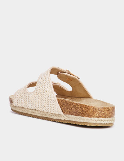 Mules plates tress&eacute;es avec boucles sable femme