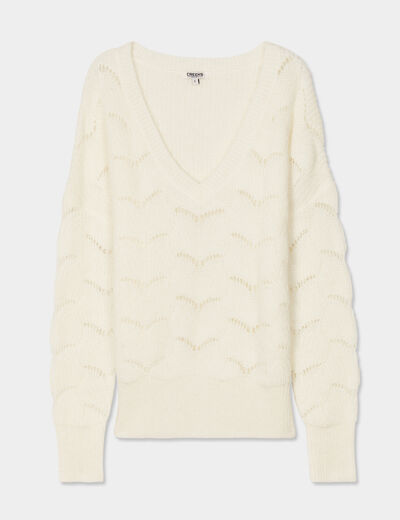 Pull ajouré col en V manches longues sable femme