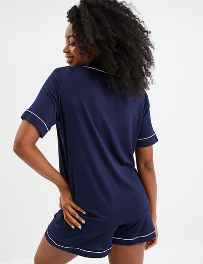 Ensemble pyjama fluide short et chemise bleu marine femme